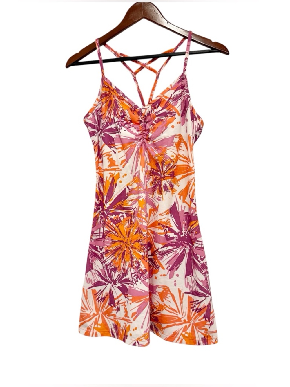 Prana Sonja Active Dress Shelf Bra A-line Pink Orange Burst Strappy Size Medium